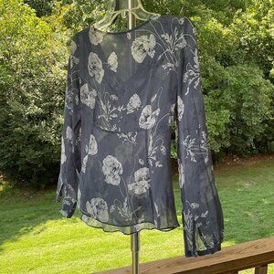 Ann Taylor Semi Sheer Floral Blouse Silk V-Neck Y2K Fairy Cottage Vintage